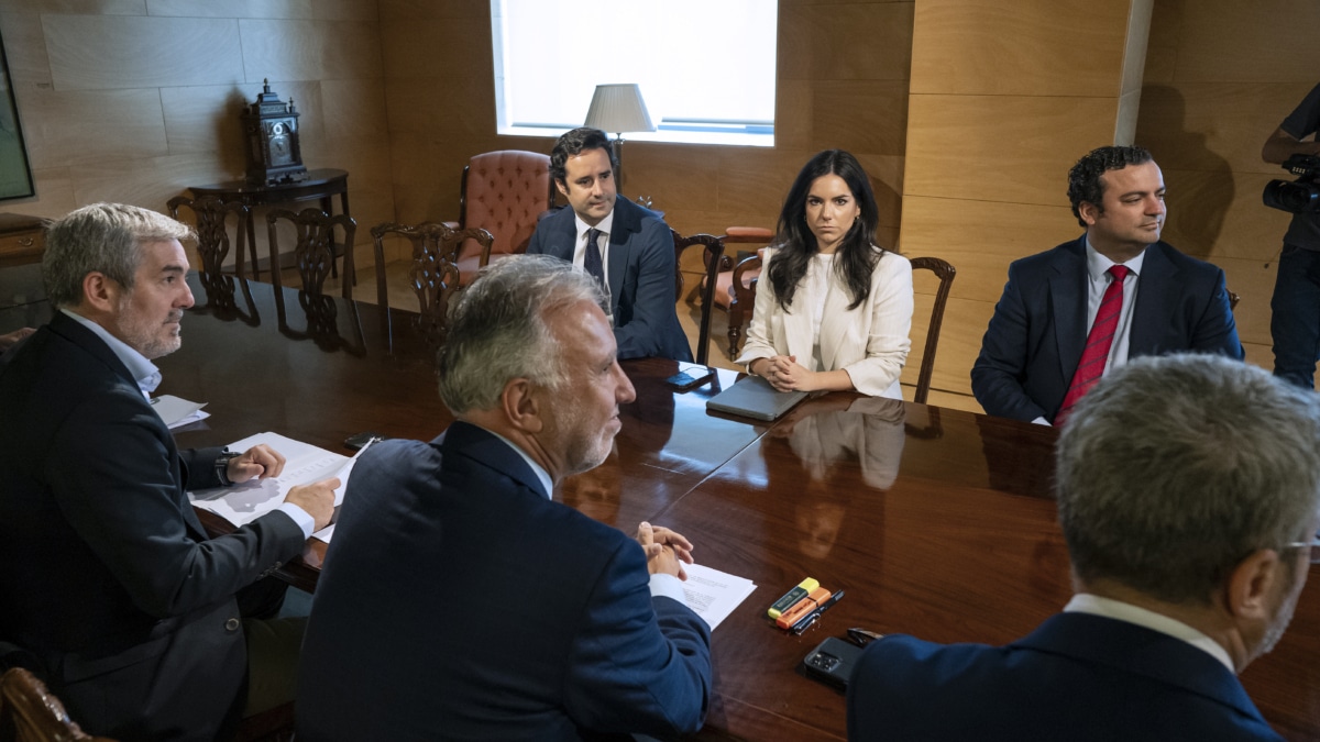 El ministro de Política Territorial, Ángel Víctor Torres, y el presidente canario, Fernando Clavijo, en su reunión con el grupo Vox, esta mañana en el Congreso