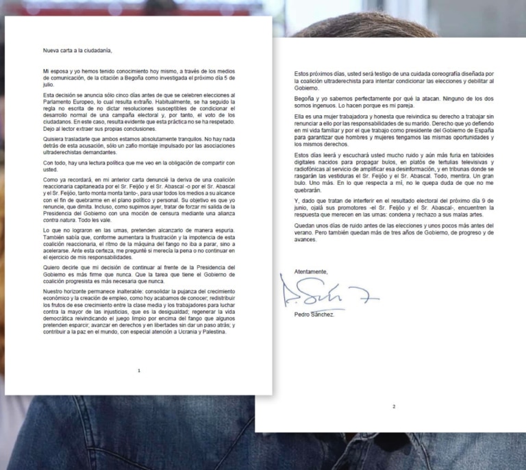 Consulte aquí la carta íntegra de Pedro Sánchez