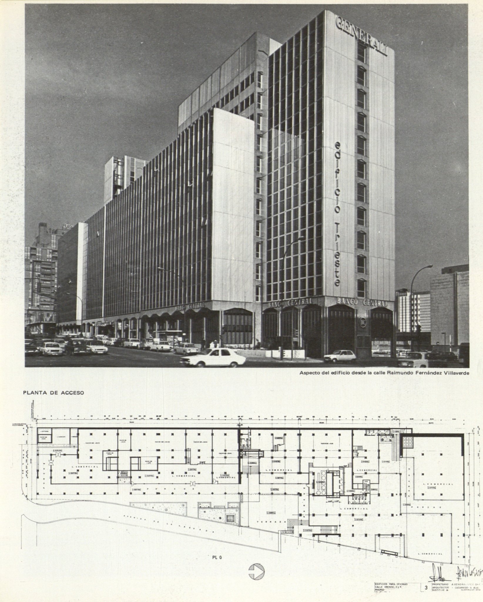 Fotografía y planos del Trieste publicados en la revista del COAM en noviembre de 1974.