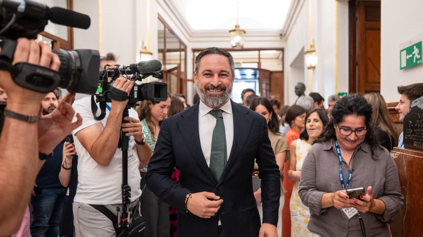 El presidente de Vox, Santiago Abascal, en los pasillos del Congreso, este jueves, horas antes de romper con el PP