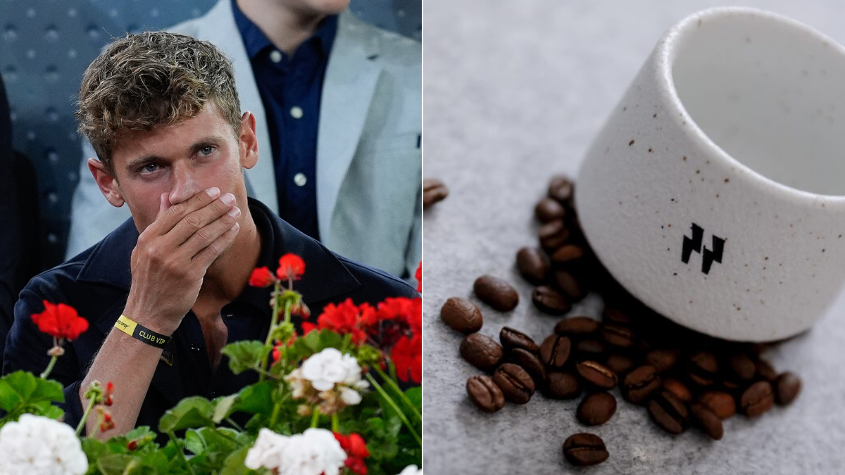 Marcos Llorente en un montaje junto a su marca de café.