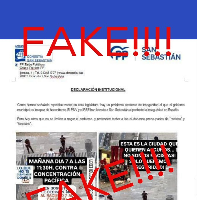 El PP denuncia la suplantación de su identidad para una concentración 'fake' contra la inseguridad en San Sebastián