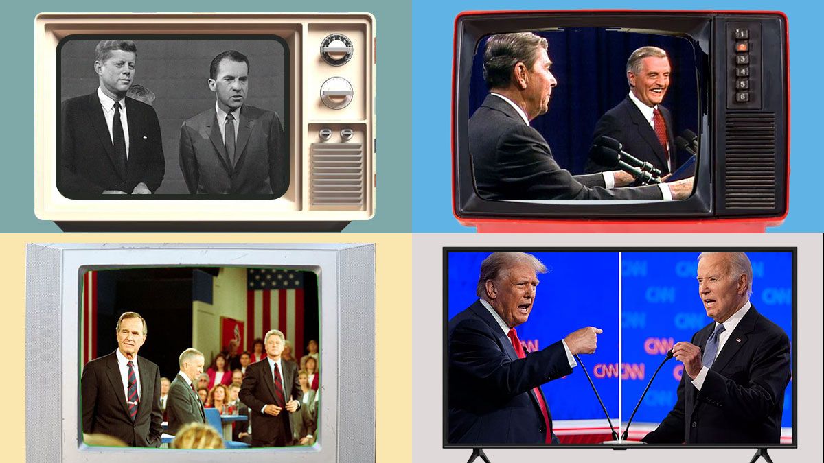 Varios debates presidenciales que marcaron la historia de EEUU. De izquierda a derecha y de arriba a abajo, Kennedy y Nixon (1960), Reagan y Mondale (1984), Bush y Clinton (1992) y Trump y Biden (2024).