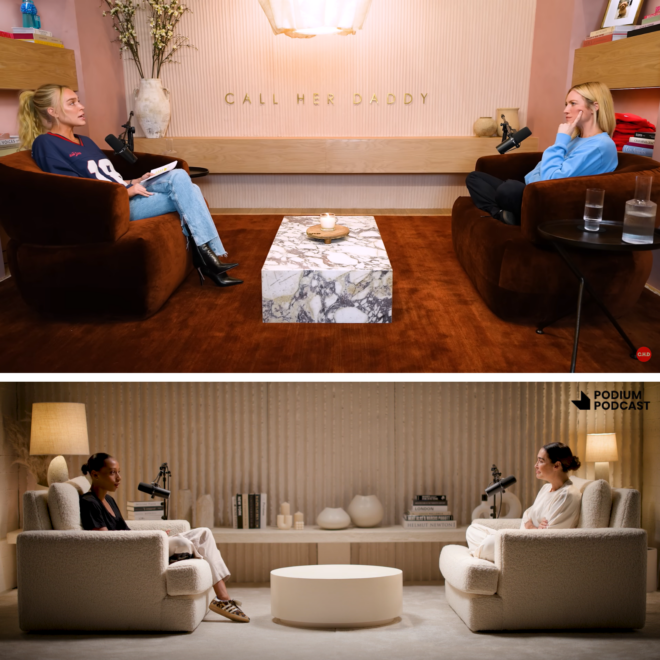 Alex Cooper entrevistando a Brittany Snow
en su programa sobre Vicky Martin Berrocal hablando con Ana Peleteiro en el suyo.