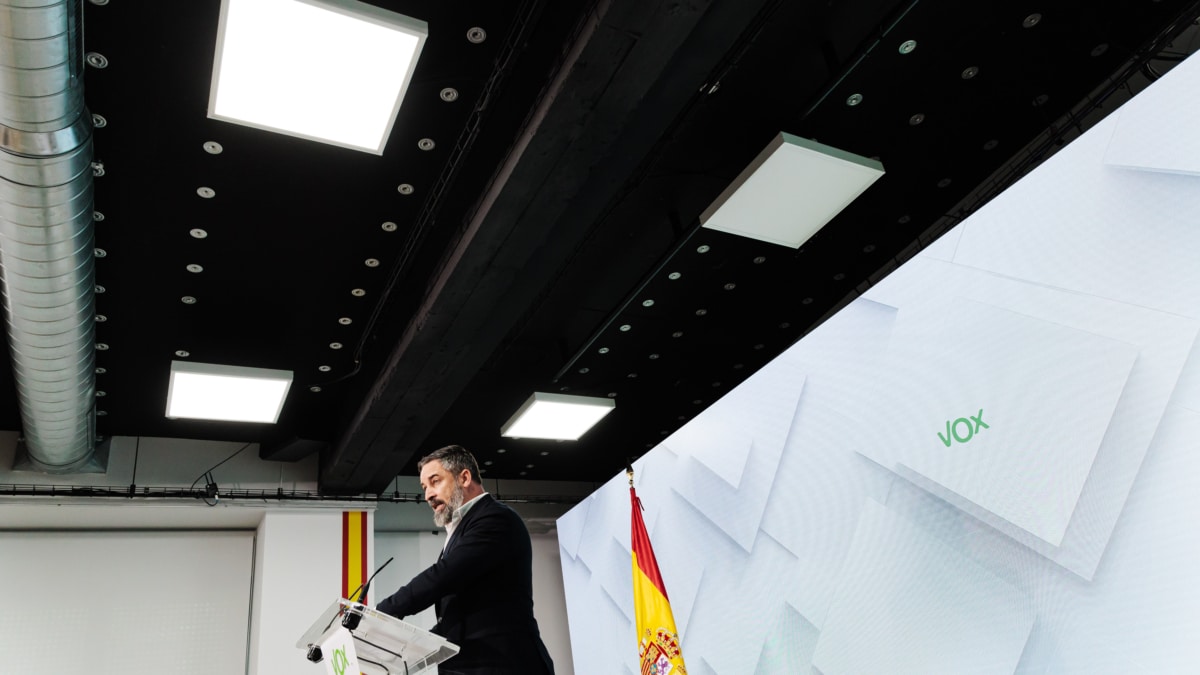 El presidente de Vox, Santiago Abascal, en una comparecencia en la sede nacional del partido