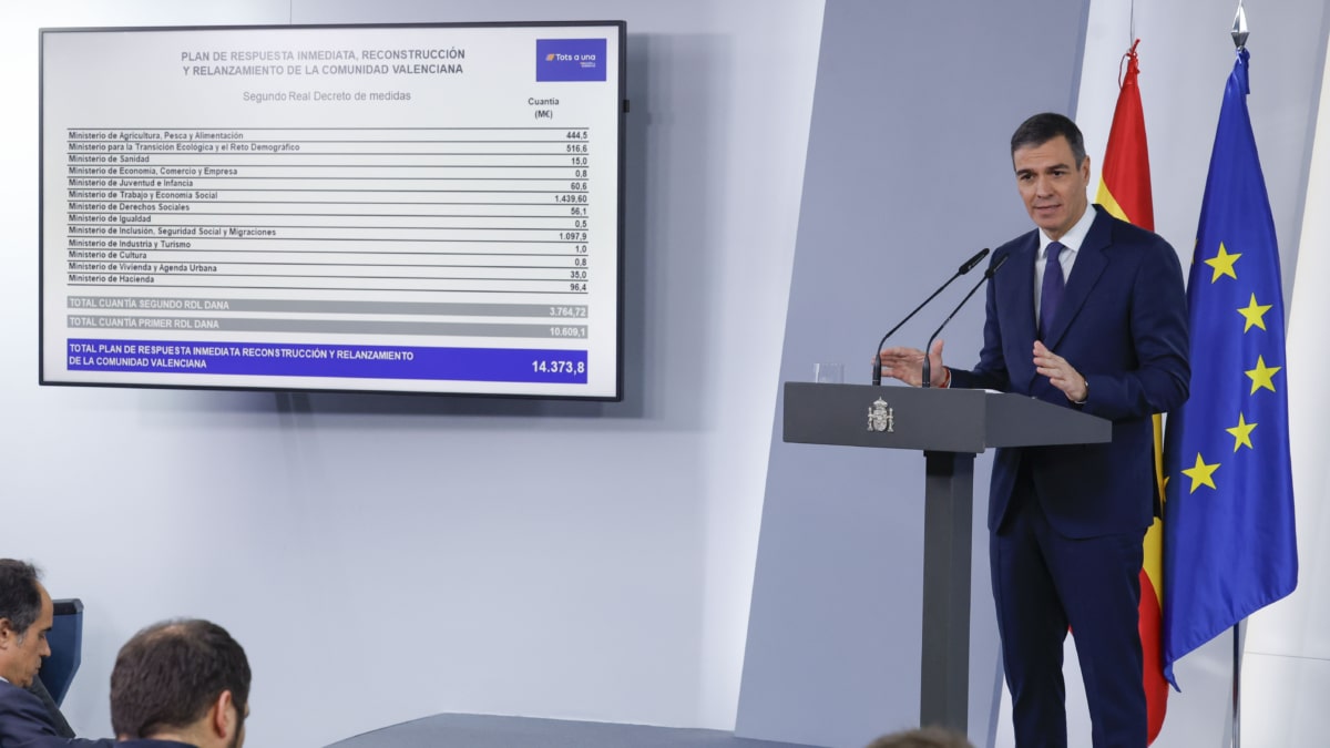 MADRID, 11/11/2024.- El presidente del Gobierno, Pedro Sánchez, comparece este lunes en rueda de prensa en el Palacio de la Moncloa, para informar de las nuevas medidas que aprueba el Consejo de Ministros para hacer frente a las consecuencias de la dana que afectó principalmente a la Comunitat Valenciana.EFE/ Javier Lizon