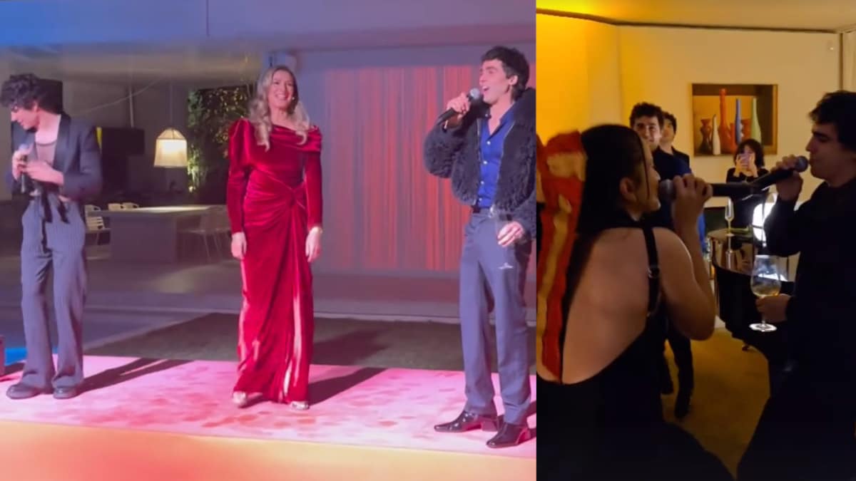 Javier Calvo y Javier Ambrossi con Anne Igartiburu en su fiesta de nochevieja. A la izquierda, Rosalía canta con Diego Ibáñez, de Carolina Durante.