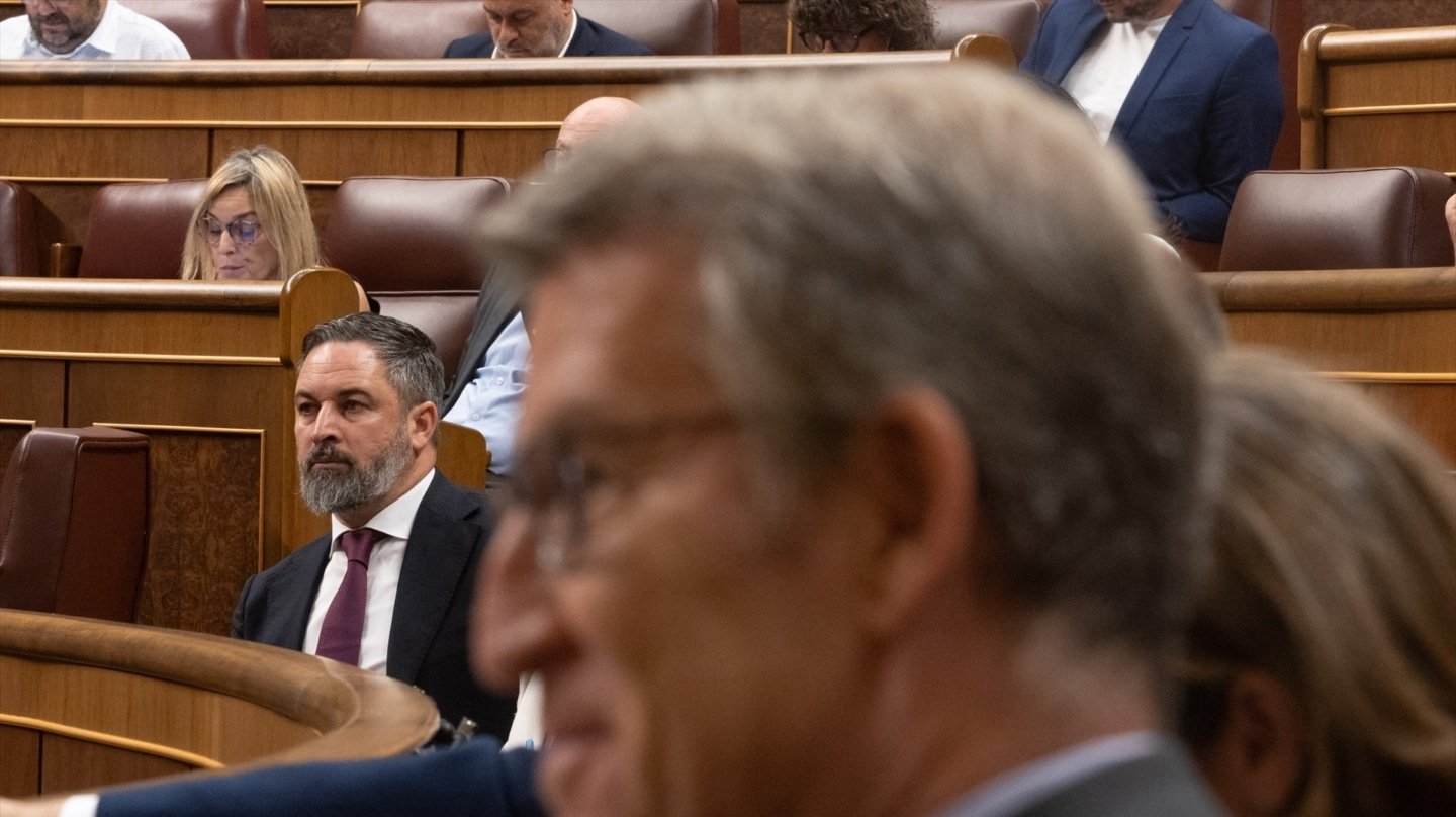 Los presidentes del PP, Alberto Núñez Feijóo, y de Vox, Santiago Abascal, en un pleno del Congreso
