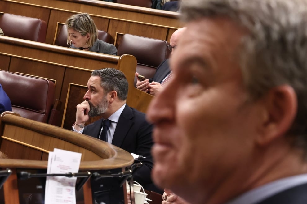 El líder de Vox, Santiago Abascal, y el presidente del PP, Alberto Núñez Feijóo, en sus escaños en el hemiciclo del Congreso