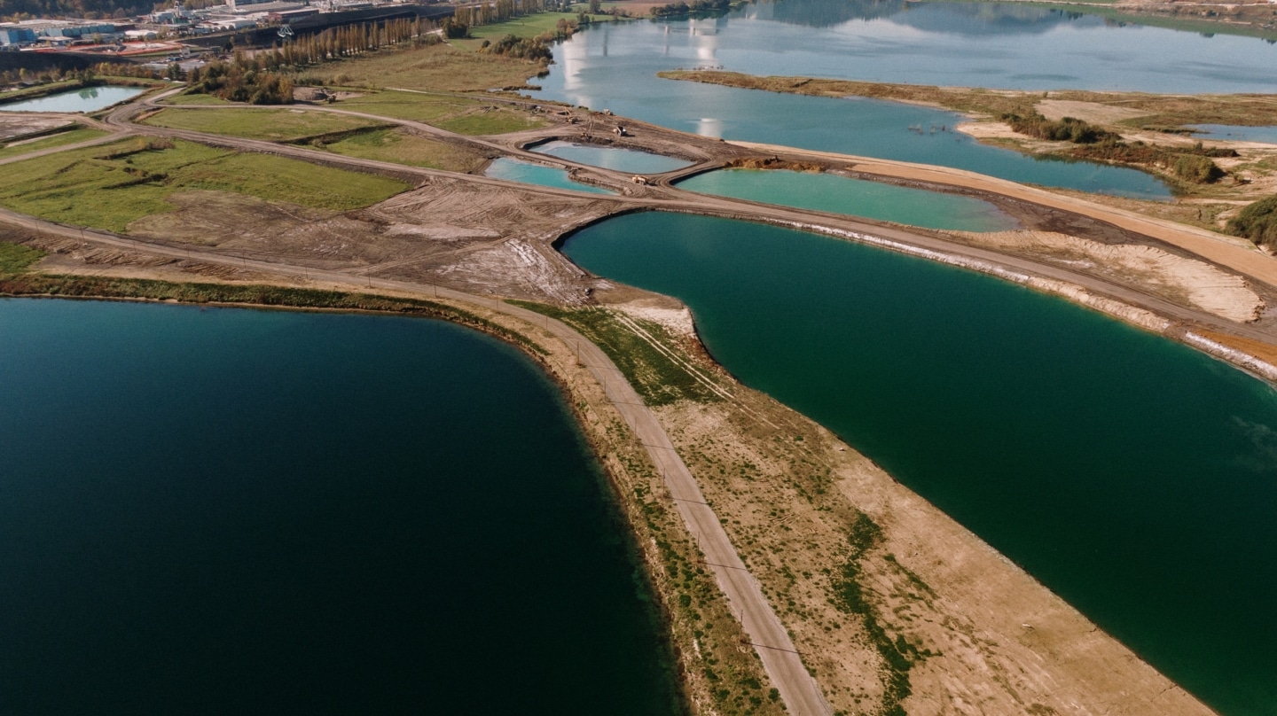 Toma aérea de un paisaje rodeado de lagos afectados por el cambio climático