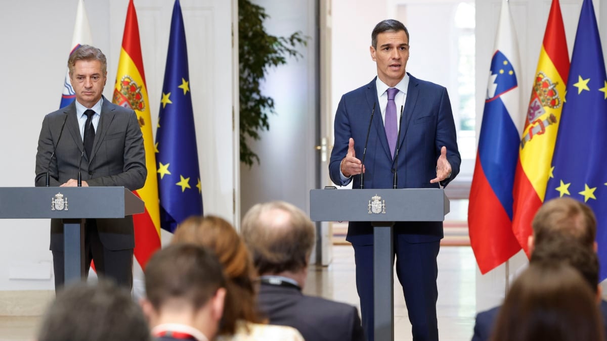 MADRID, 29/05/2025.- El presidente del Gobierno español, Pedro Sánchez (d) y el primer ministro de Eslovenia, Robert Golob (i) durante la rueda de prensa tras su encuentro en el Palacio de la Moncloa, este jueves. Ambos mandatarios ratificarán este jueves en Madrid su alianza para intentar lograr un alto el fuego en Gaza y la entrada en La Franja de ayuda humanitaria, así como para avanzar en la solución de los dos Estados, Israel y Palestina. EFE/ Chema Moya