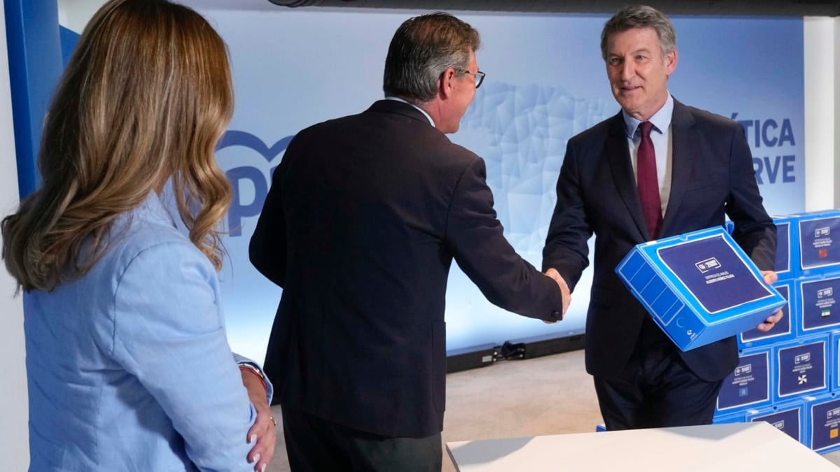 El presidente del PP, Alberto Núñez Feijóo, presenta 90.501 avales de los cien necesarios para revalidar su presidencia en el PP, este martes en Génova