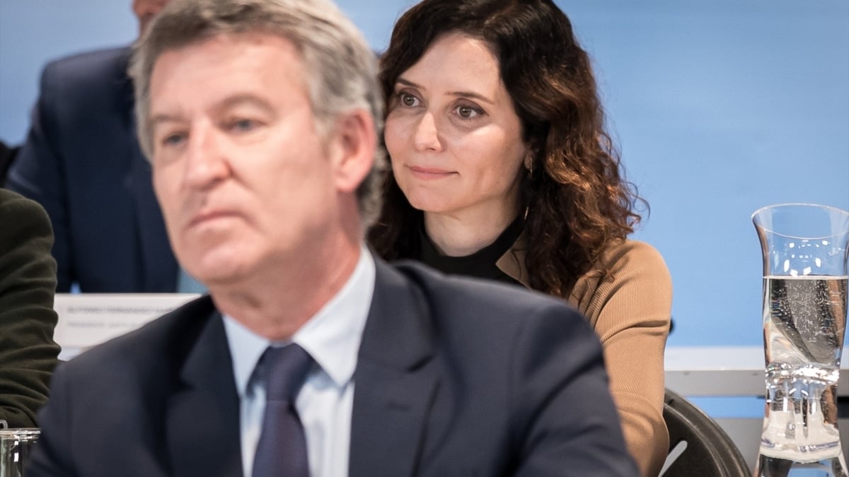 El líder del PP, Alberto Núñez Feijóo, y la presidenta madrileña, Isabel Díaz Ayuso, durante la Junta Directiva Nacional del partido, el lunes pasado en Génova