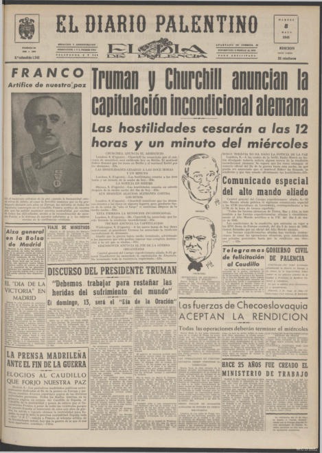 Edición vespertina del 'Diario palentino' del 8 de mayo del 45.