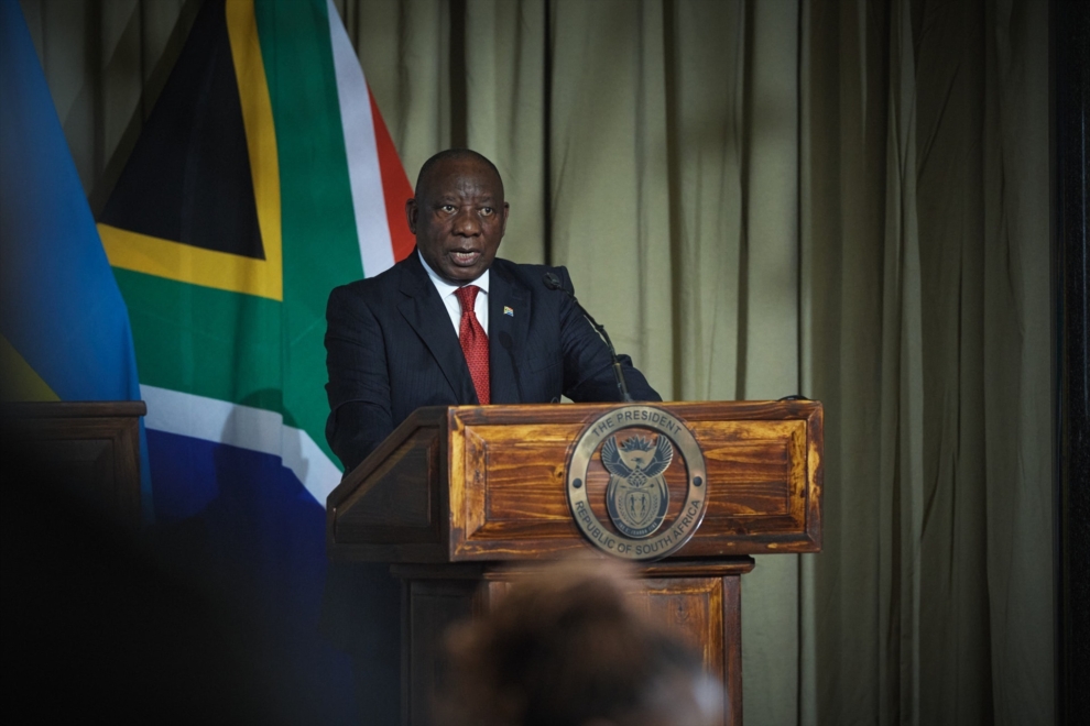 El presidente de Sudáfrica, Cyril Ramaphosa, da una rueda de prensa junto al ucraniano Volodímir Zelenski en Pretoria.