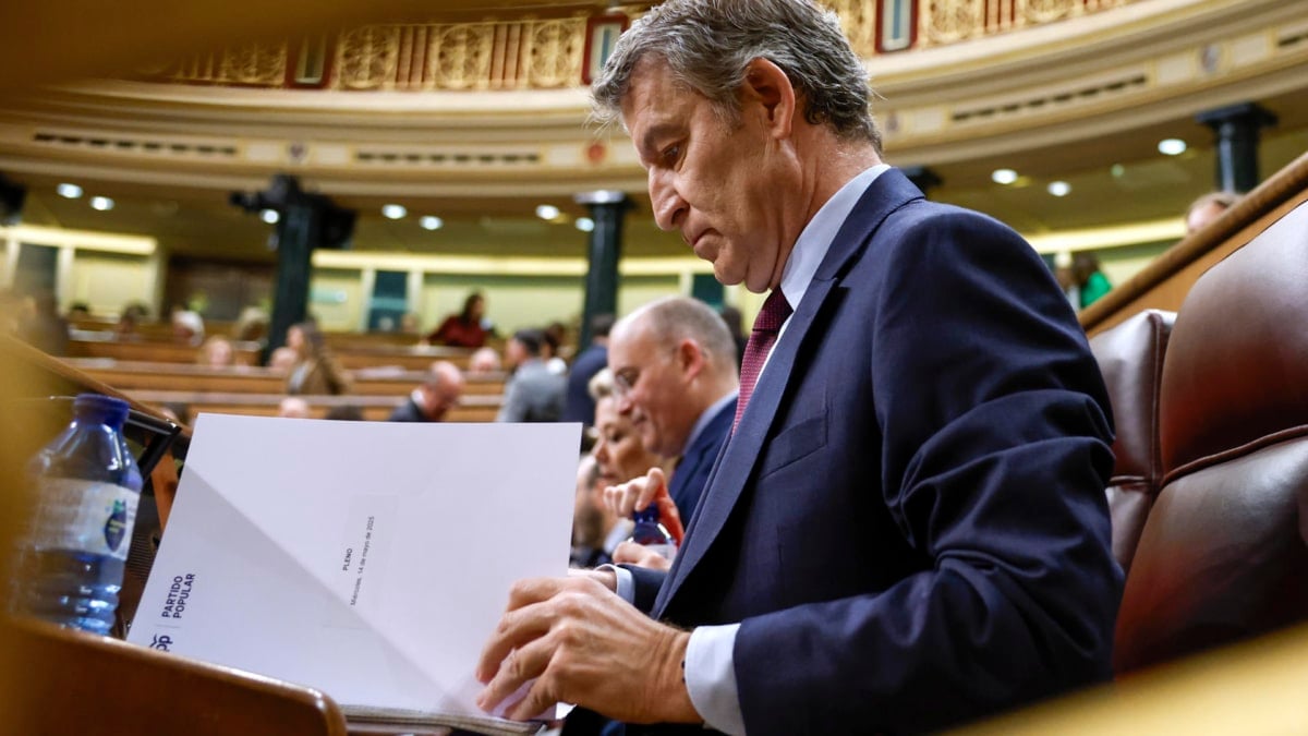 El presidente del PP, Alberto Núñez Feijóo, en su escaño del Congreso, este miércoles