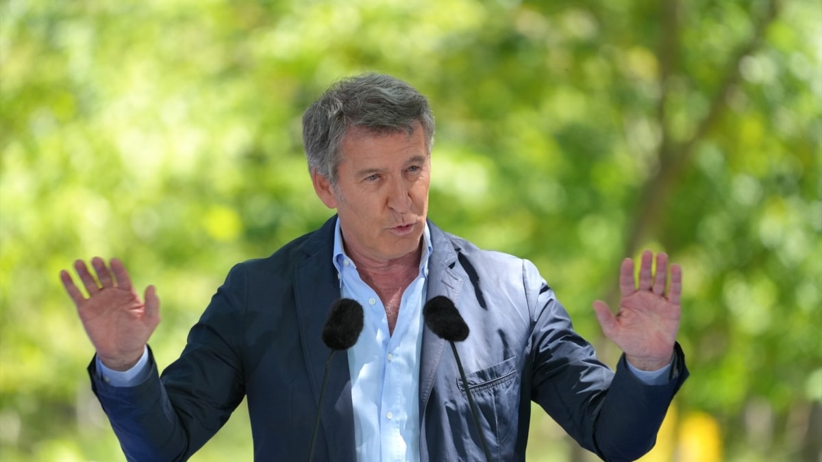El presidente del PP, Alberto Núñez Feijóo, este sábado en O Pino (A Coruña), durante un mitin de partido en el que pidió el aval para las primarias