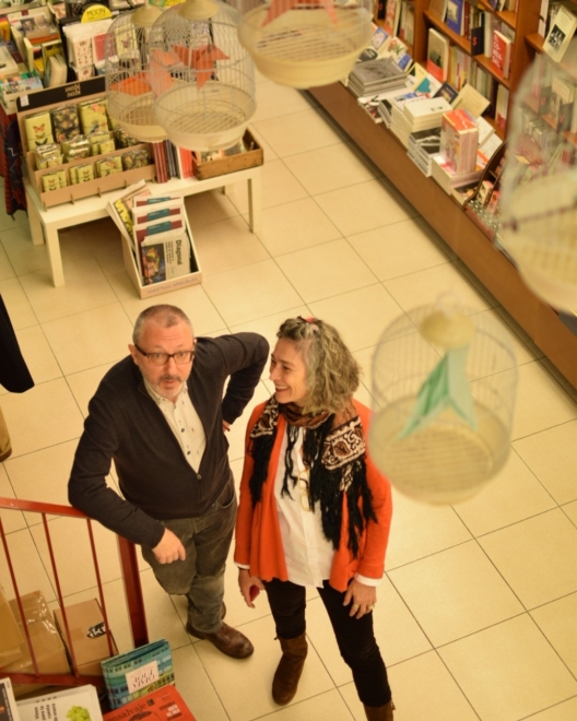 Paco Goyanes y Ana Cañellas en la librería Cálamo de Zaragoza.