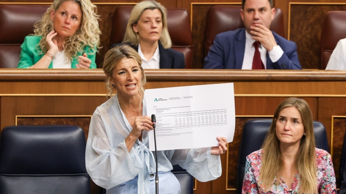 La vicepresidenta primera del Gobierno y ministra de Trabajo, Yolanda Díaz, durante la sesión de control al Gobierno de este miércoles
