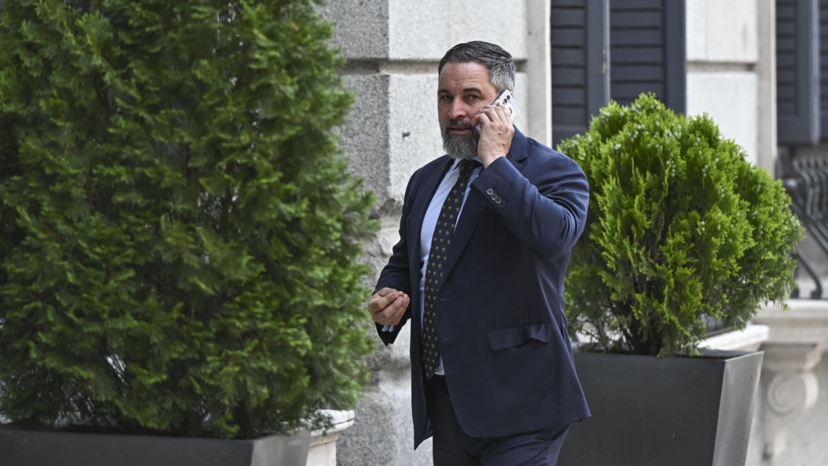 Santiago Abascal, presidente de Vox, conversa por teléfono en el Congreso de los Diputados