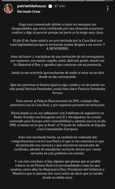Declaraciones de la 'influencer' Patricia Fernández (@patriwhitehouse)