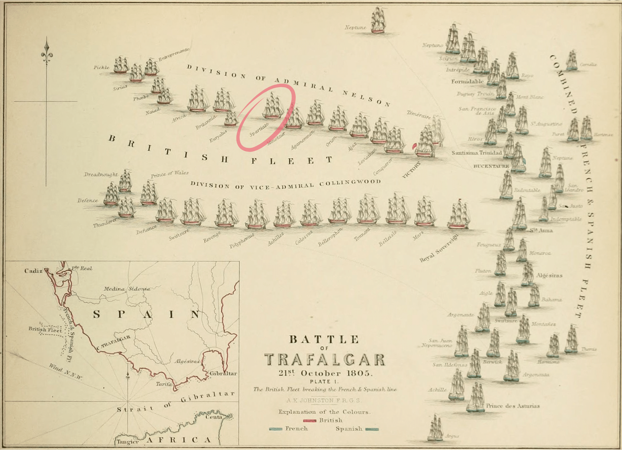 Mapa de la batalla de Trafalgar de Alexander Keith Johnson con el 'Spartiate' señalado.