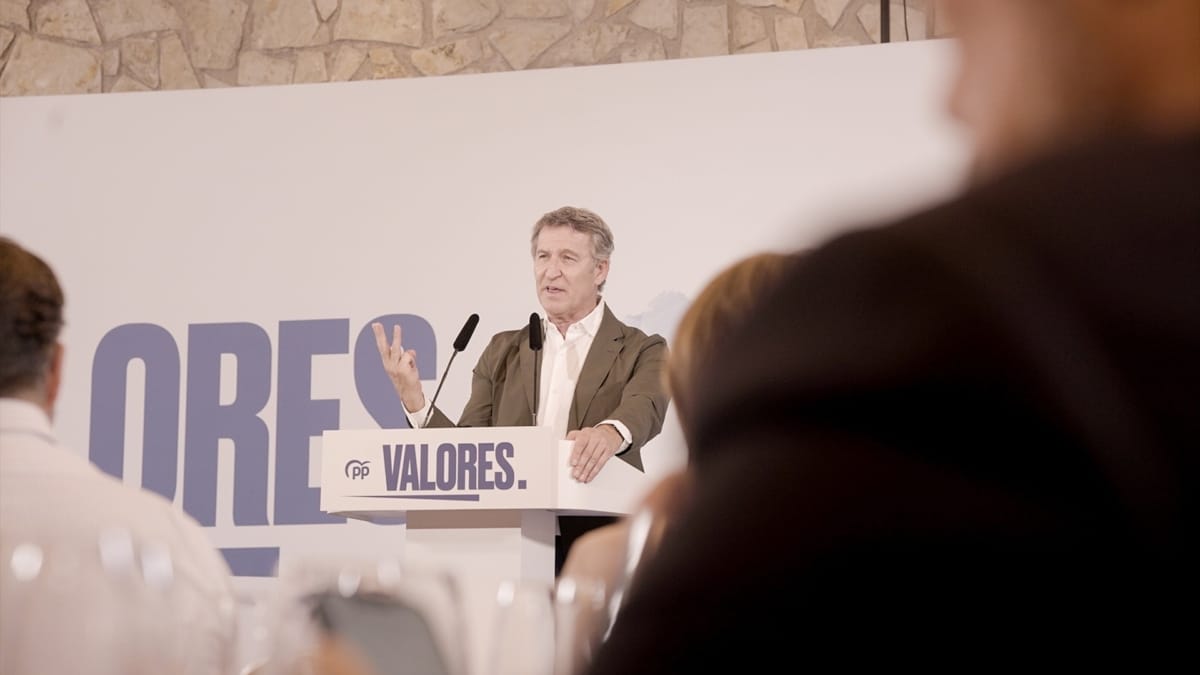 El presidente del PP, Alberto Núñez Feijóo, interviene durante un acto con la militancia del PP en Alicante