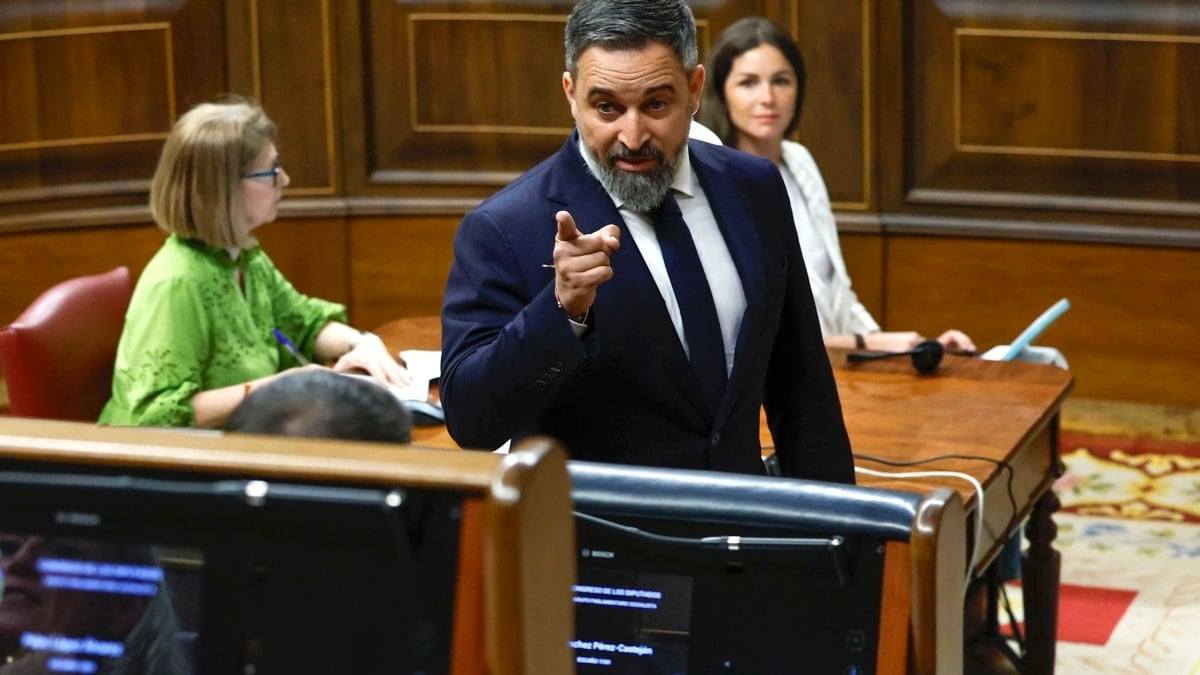 El líder de Vox, Santiago Abascal, abandona la sesión de control al Ejecutivo que se celebra este miércoles en el Congreso.