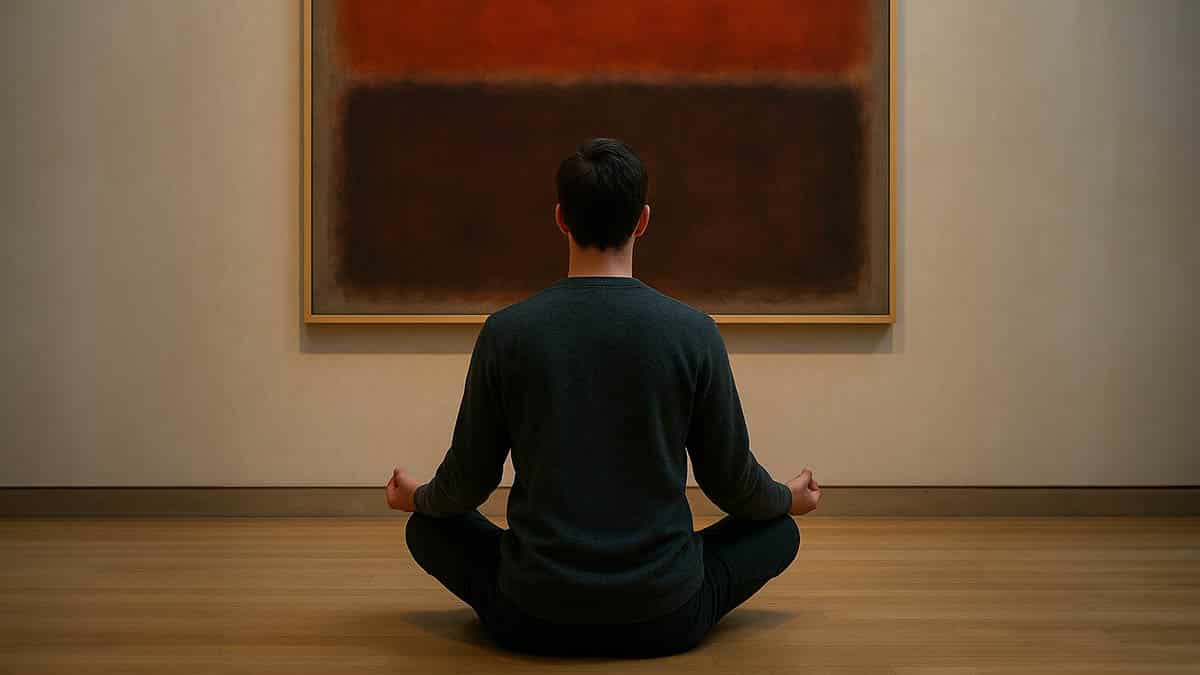 Un hombre medita frente a un cuadro de expresionismo abstracto.