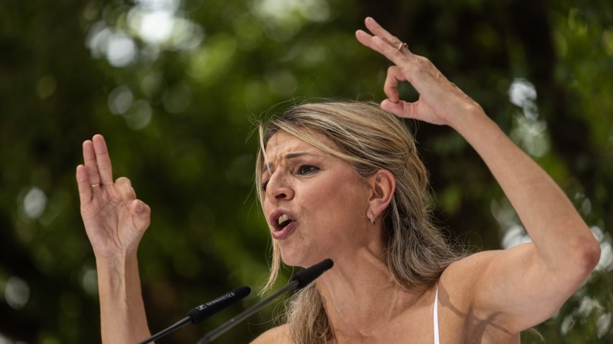 La vicepresidenta segunda del Gobierno, Yolanda Díaz, durante un acto de Sumar sobre Palestina en Madrid, este lunes