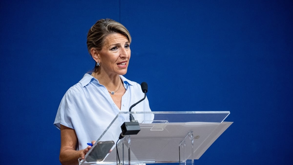 La vicepresidenta del Gobierno, Yolanda Díaz, en una comparecencia de prensa desde el ministerio de Trabajo