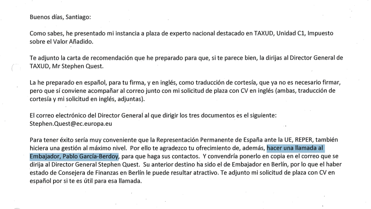 Equipo Económico maniobró para colocar en Bruselas a la hermana de un socio de Montoro: "Llama al embajador"