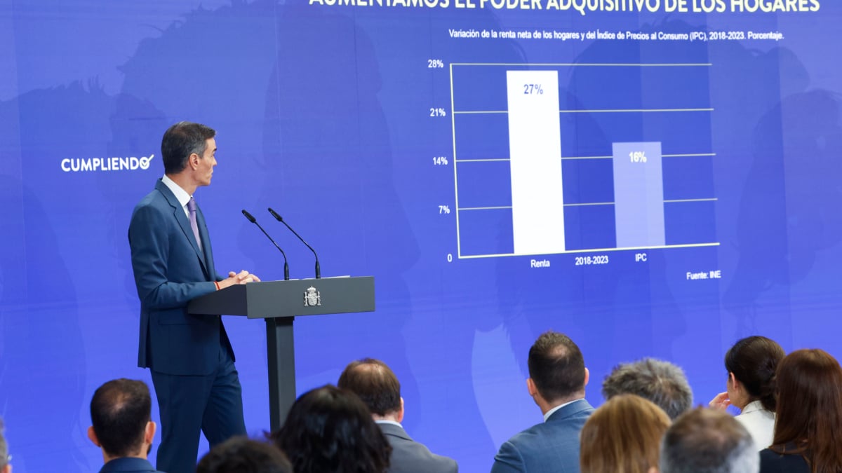 MADRID (ESPAÑA), 28/07/2025.- El presidente del Gobierno, Pedro Sánchez durante una rueda de prensa este lunes en el Palacio de la Moncloa en la que ha hecho balance de los últimos seis meses de mandato antes de las vacaciones, determinado a acabar la legislatura tras la crisis abierta por la imputación de Santos Cerdán. EFE/ Chema Moya