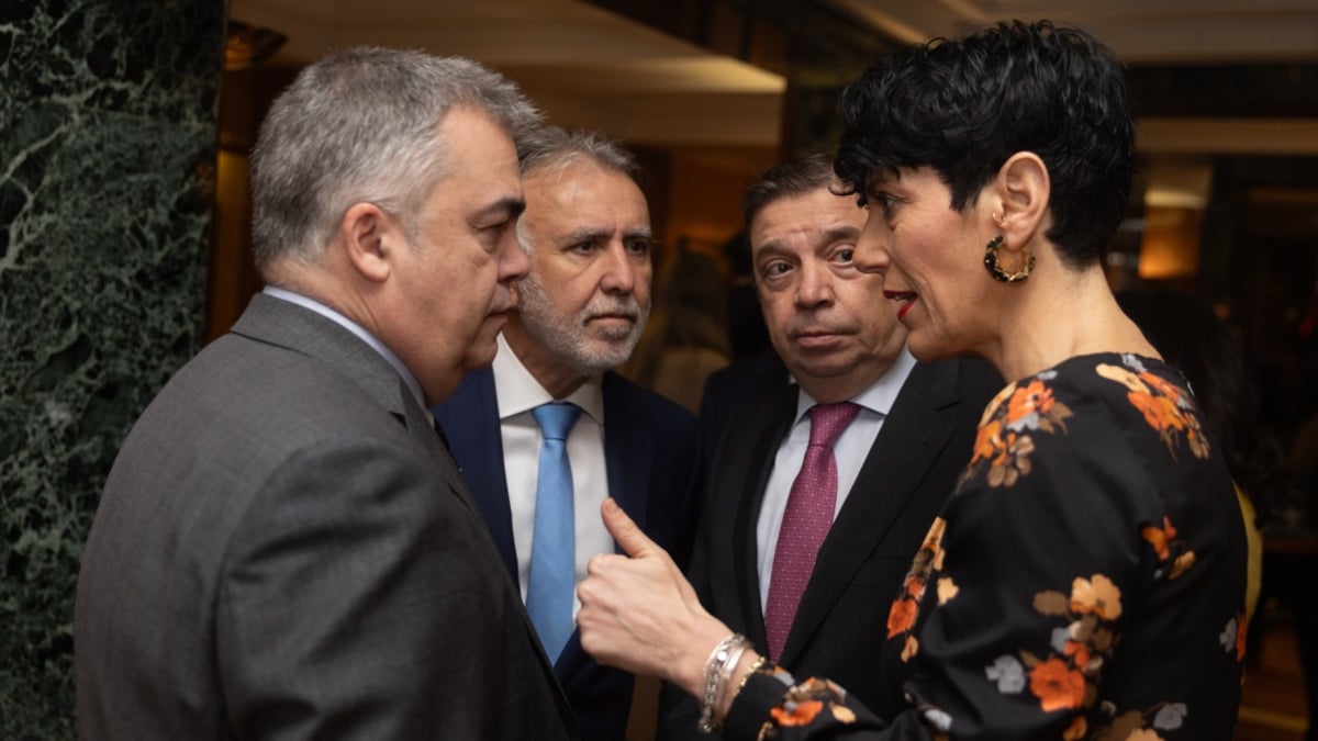 El secretario de Organización del PSOE, Santos Cerdán; el ministro de Política Territorial y Memoria Democrática, Ángel Víctor Torres; el ministro de Agricultura, Pesca y Alimentación, Luis Planas, y la ministra de Inclusión, Seguridad Social y Migraciones, Elma Saiz, conversan en un desayuno informativo en febrero de 2024