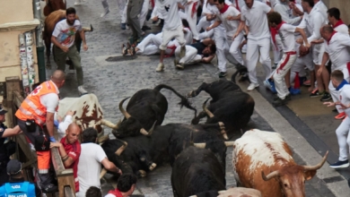Primer encierro de San Fermín: resbalones de los toros de Fuente Ymbro, resbalones de los mozos