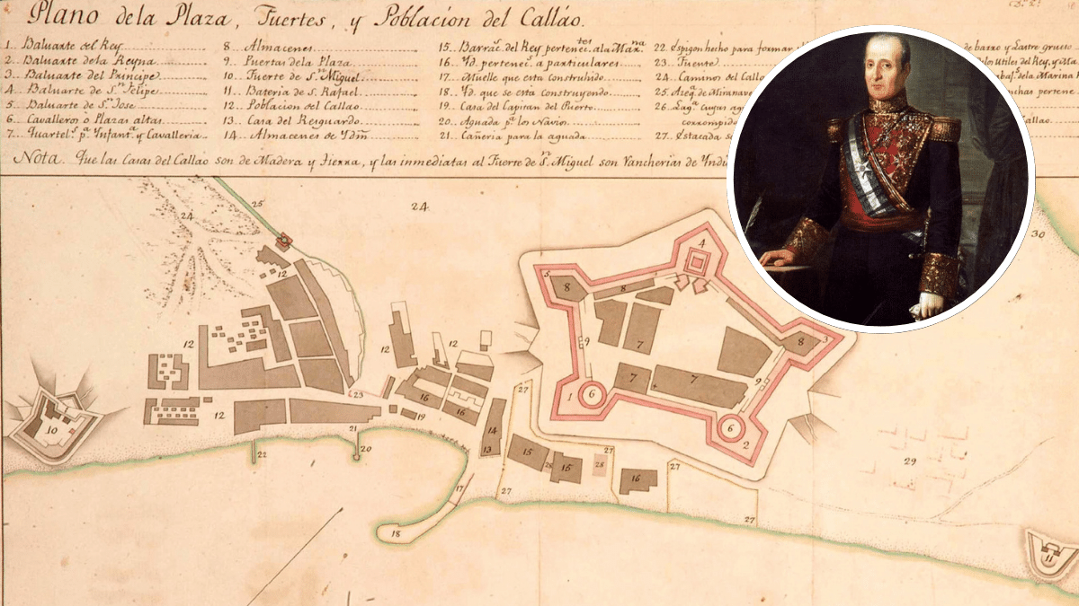 Plano de época del fuerte del Real Felipe y retrato de José Ramón Rodil.