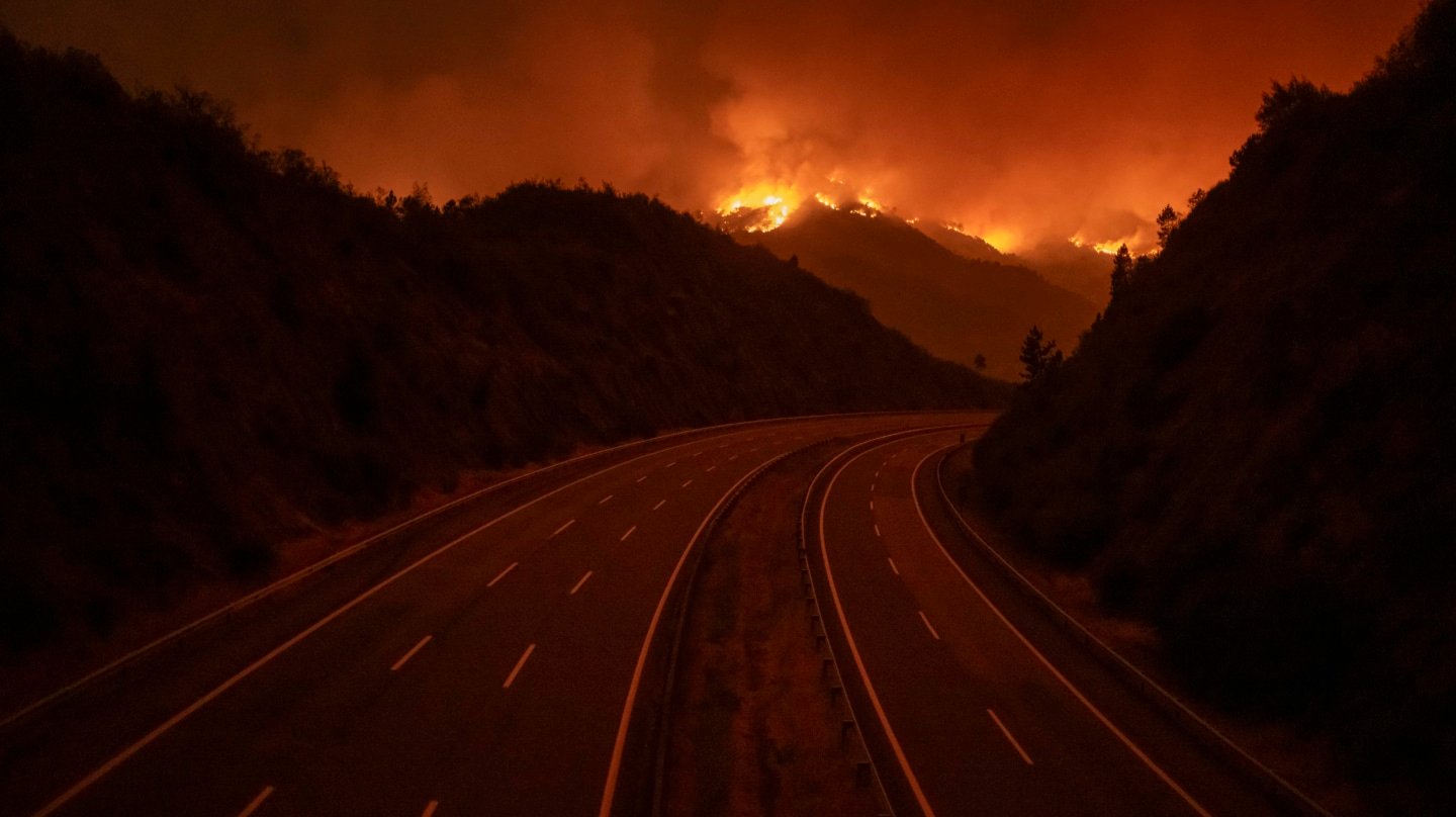 Vista de la autovía A-52 durante el incendio forestal que permanece activo este martes en Monterrei (Ourense).