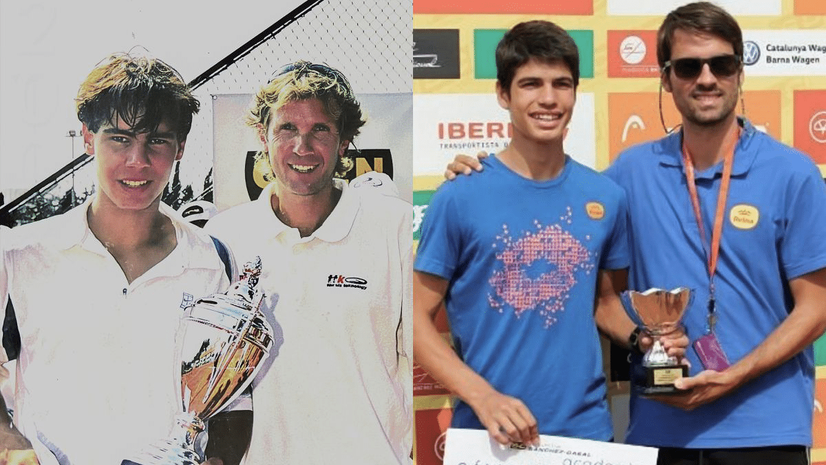 Rafael Nadal y Carlos Alcaraz, en competiciones juveniles en las pistas de la Emilio Sanchez Academy.