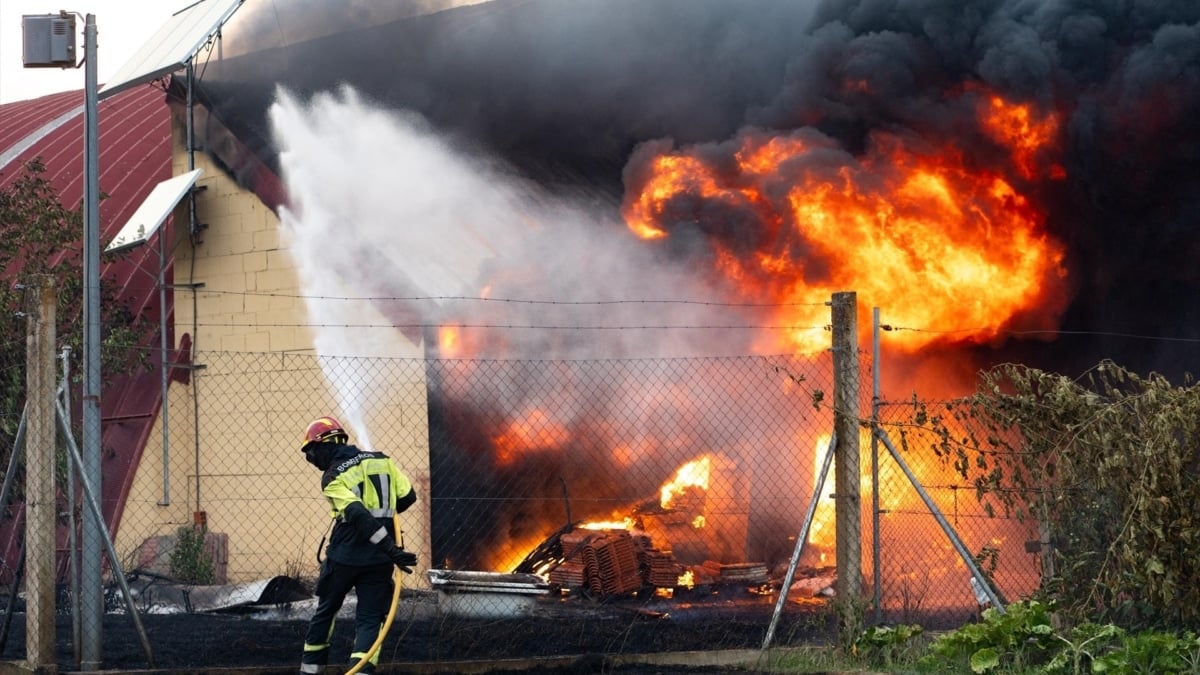 Bomberos continúan los trabajos de extinción para sofocar el incendio, a 10 de agosto de 2025, en Cubo de Benavente, Zamora (España).