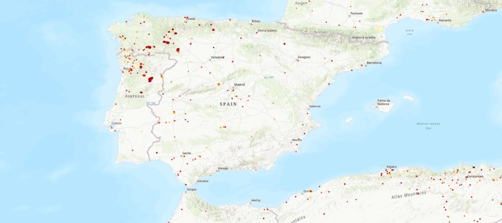 Mapa de incendios en España en los últimos siete días según la NASA.