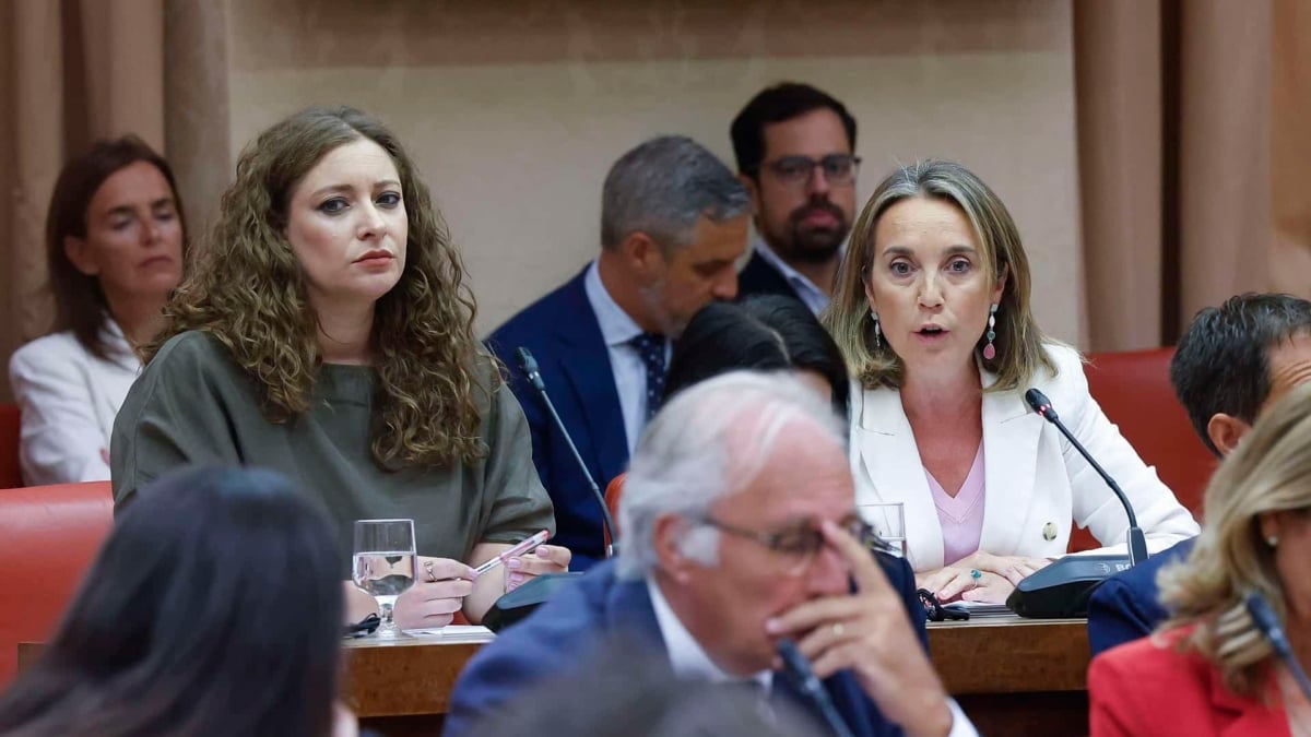 La portavoz del PP en el Congreso, Ester Muñoz (i), y la vicesecretaria de Regeneración Institucional popular, Cuca Gamarra, en la sesión de la Diputación Permanente del Congreso este martes