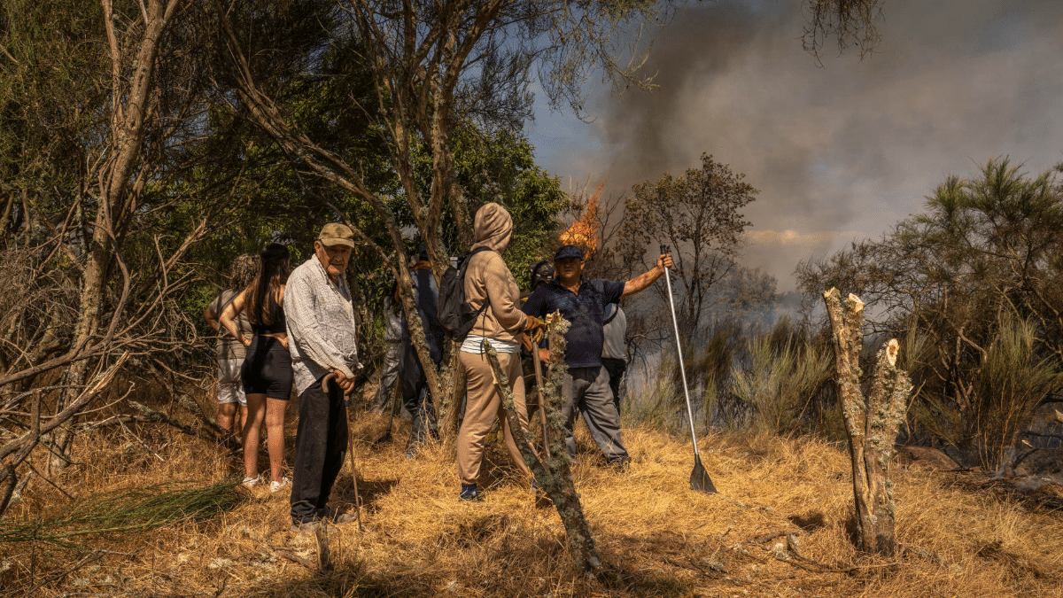 Varios vecinos preparados para combatir el fuego en Oímbra (Ourense) el pasado miércoles 20 de agosto.