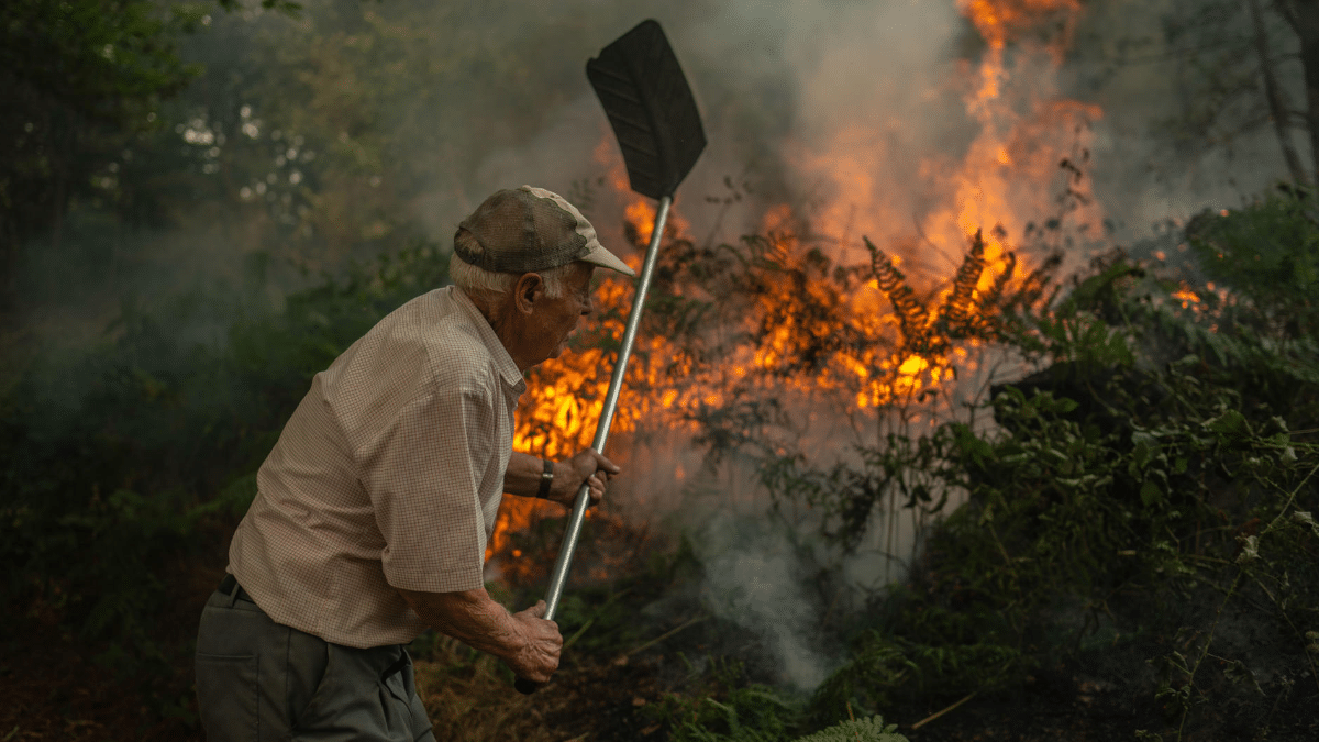 Un vecino de la aldea de Pareisás lucha contra en fuego en el incendio forestal que permanece activo en A Pobra de Trives (Ourense).
