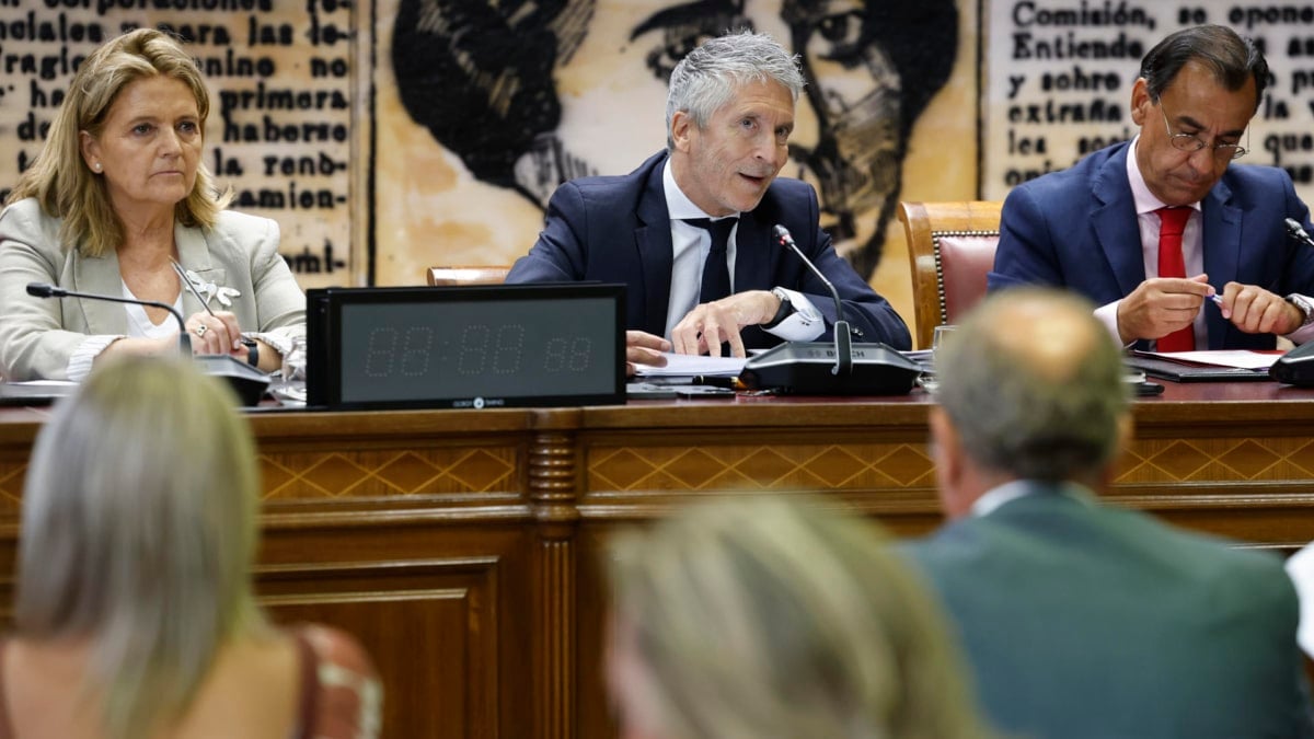 El ministro del Interior, Fernando Grande-Marlaska, en presencia del presidente de la Comisión, Fernando Martínez-Maíllo (d), y de la vicepresidenta primera, María Jesús bonilla (i), comparece ante la Comisión de Interior de la Cámara Alta, a petición del PP, este jueves en el Senado