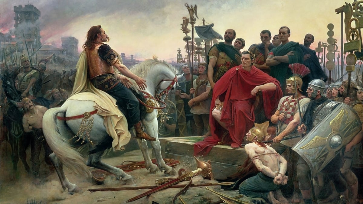 'Vercingetorix arroja sus armas a los pies de Julio César'. Lionel-Noël Royer (1899)