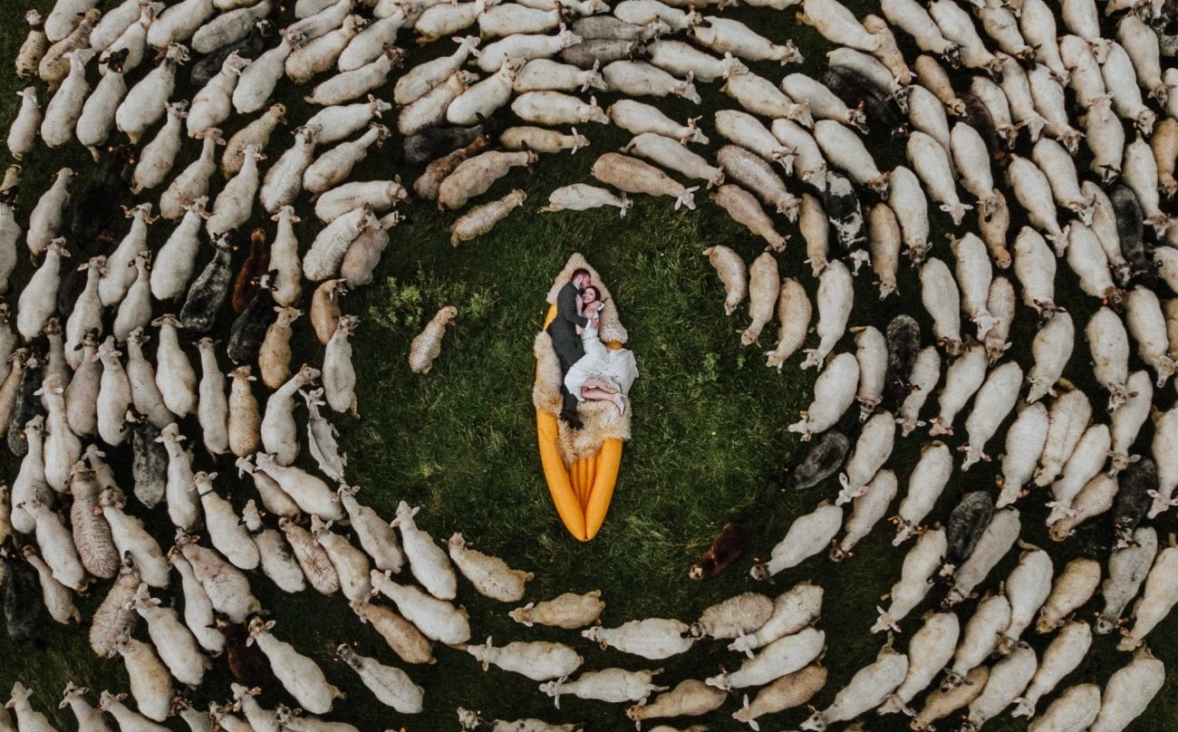 Foto grupal de boda realizada en Polonia, donde los novios están en un kayak amarillo en el centro. Fue planificada para imitar el fenómeno de protección de las manadas. Cámara elevada o dron para captar la formación circular.