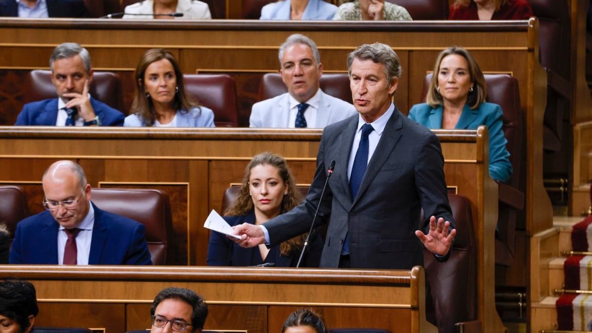 MADRID, 17/09/2025.- El presidente del PP, Alberto Núñez Feijóo, durante la sesión de control celebrada, este miércoles, en el Congreso de los Diputados. EFE/ J.J. Guillén