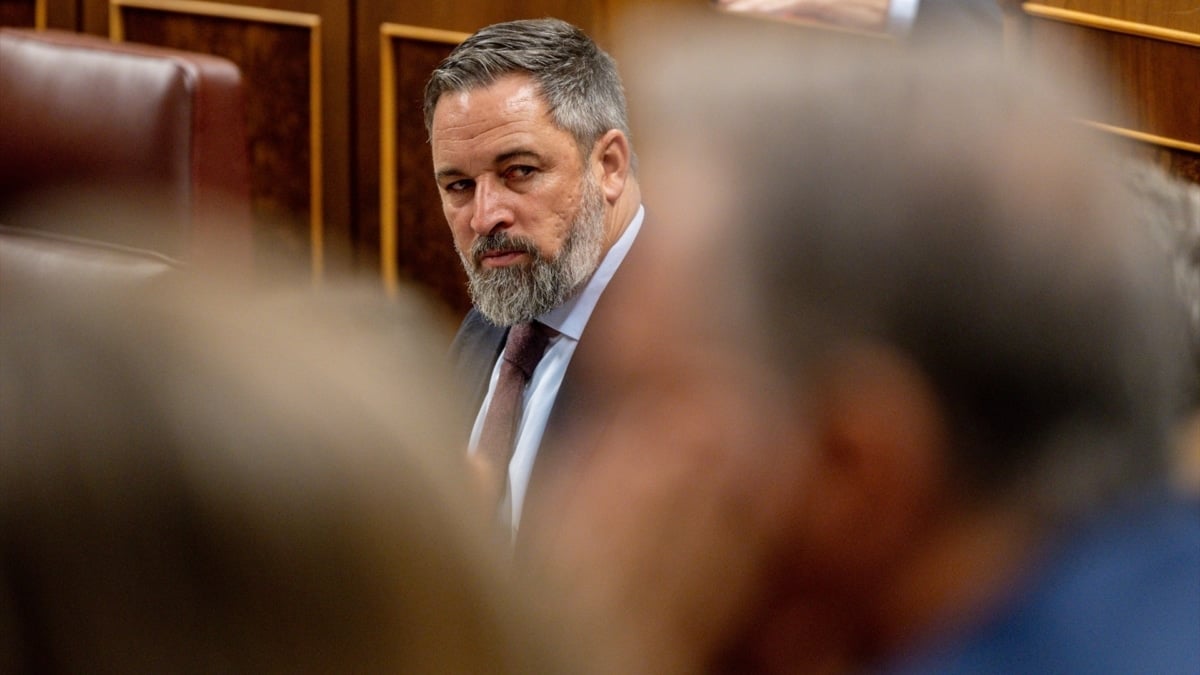 El presidente de Vox, Santiago Abascal, en la sesión de control al Gobierno de este miércoles en el Congreso
