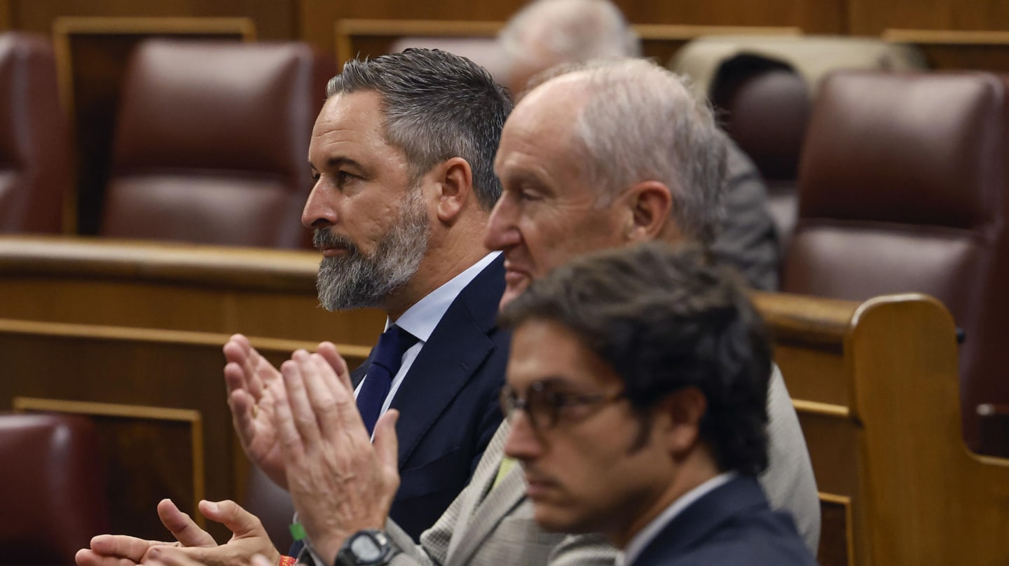El presidente de Vox, Santiago Abascal, durante un pleno en el Congreso esta semana, junto a sus diputados