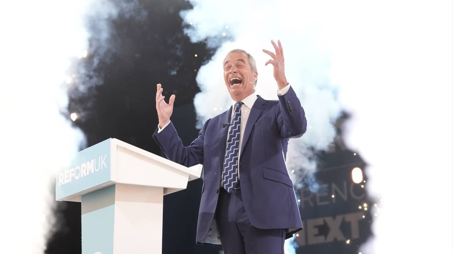 El líder ultra Nigel Farage, este viernes en la inauguración del cónclave anual de su partido, Reform UK.